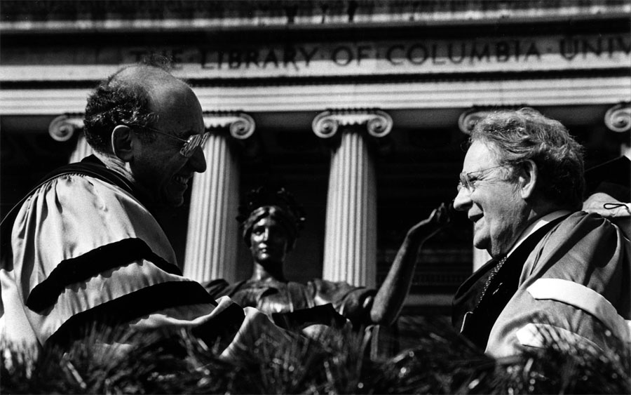 Photograph. Frye receiving honourary degree from Columbia University, New York, 1983.