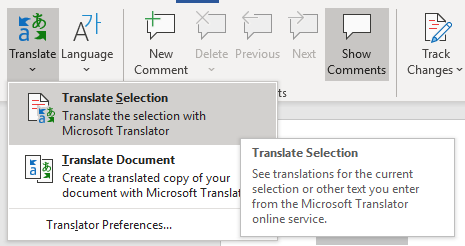 image of translate selection and translate document