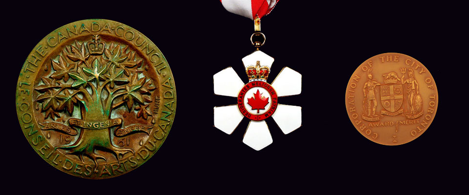 From left to right, Canada Council Medal, 1967. (front), Order of Canada medal, 1972. (front), City of Toronto Merit award, 1974. (front)