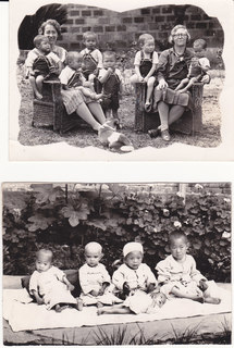 Miss Holt and Miss Rouse & the 6 Chinese children who were in the famine camp (1936 last year) & Some of the babies from the famine relief camp Credit: Bridgman Family.