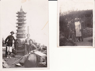 Three people by the Copper Tower  & C.A. Bridgman with two young children, a couple and a nurse, [undated] Credit: Bridgman Family.