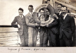 Lewis Walmsley, Earl Willmott, Leslie Kilborn, Harold Swan, Ernest Edmunds and Morley Sellery on the steamboat Empress of Russia from Vancouver to China 1921  Credit: Walmsley Family.