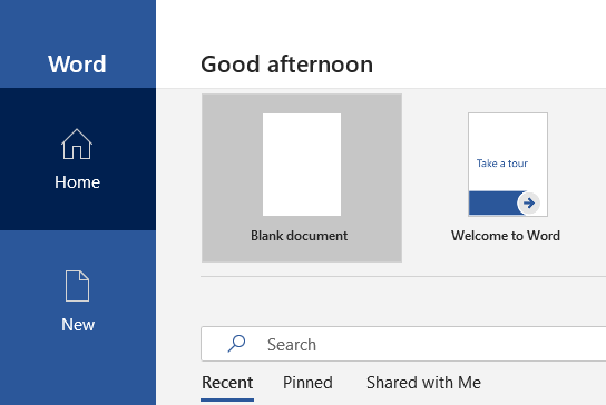 Image of blank document selection in microsoft word