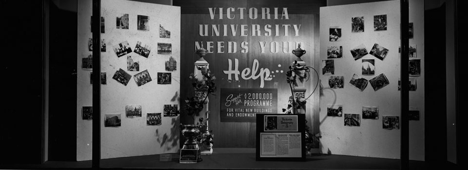 Historical image depicting fundraising display for Victoria University, circa 1947.